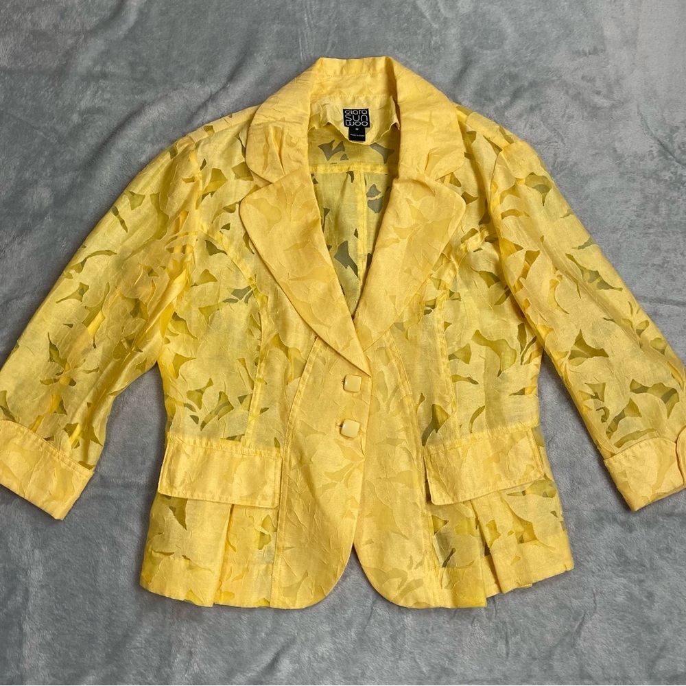 Clara Sun Woo Blazer Jacket Medium Linen Blend Floral Sheer 3/4 Sleeve‎ Yellow